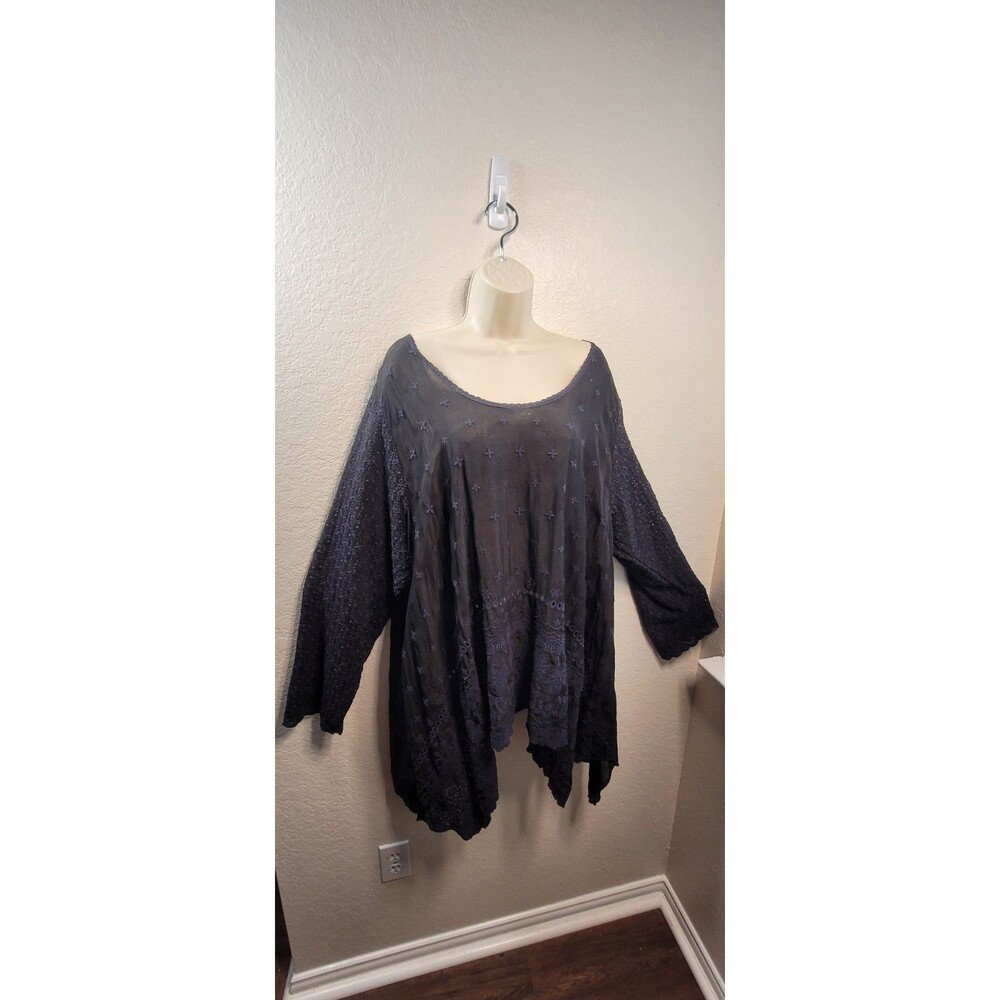 JOHNNY WAS 3x BLACK Tunic - Embroidered  Eyelet Cupra - long sleeve Shirt Blouse